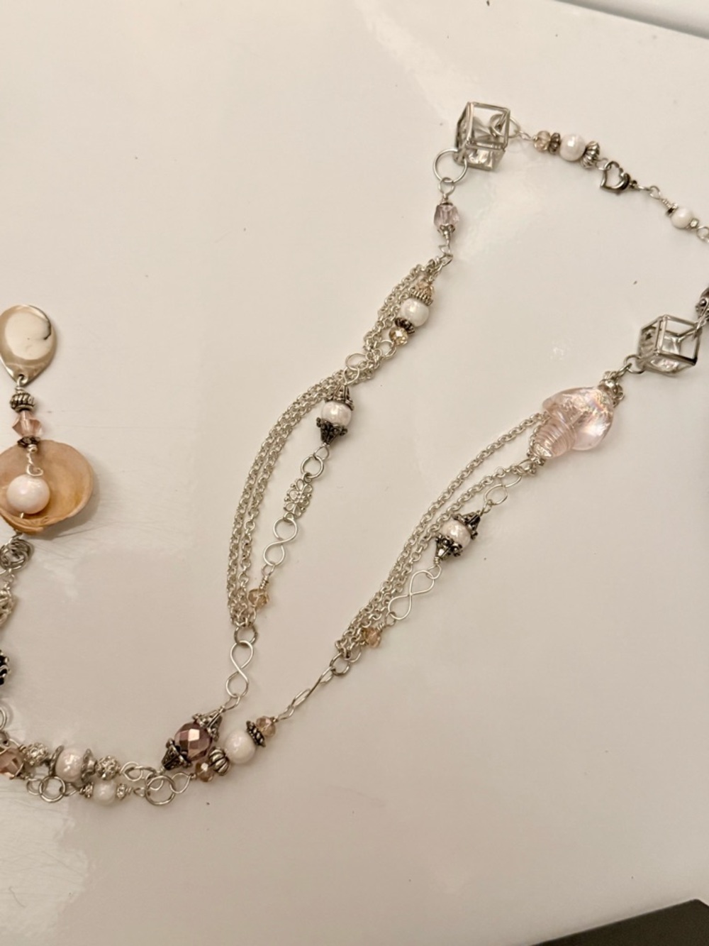 Handmade Silver Necklace with Pink and White Beads Shell Pendant